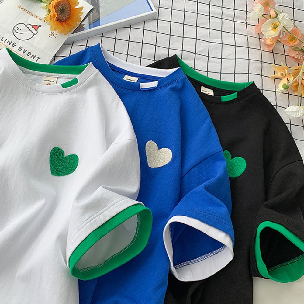 Áo Thun Tay Ngắn Giả Hai Lớp Thêu Họa Tiết Trái Tim Thời Trang Mùa Hè Dành Cho Bạn Gái