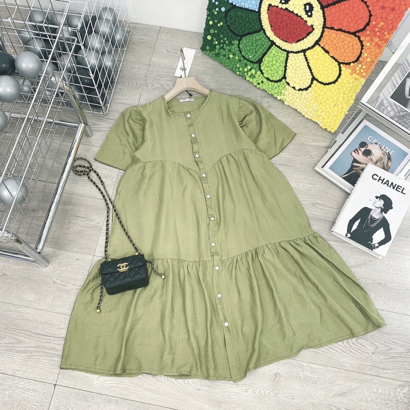 Váy đũi xanh cốm bèo tầng siêu hot hit bầu bí bon chen thoả mái