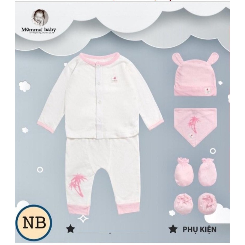 Xả kho Set quần áo sơ sinh dài tay Momma chất thông hơi siêu đẹp kèm mũ, yếm, bao chân tay 0-3 tháng cho bé