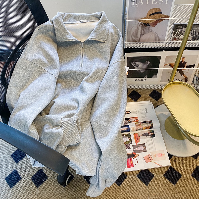 Áo Thun Tay Dài Có Dây Kéo Form Rộng Theo Phong Cách Preppy Dễ Phối Đồ