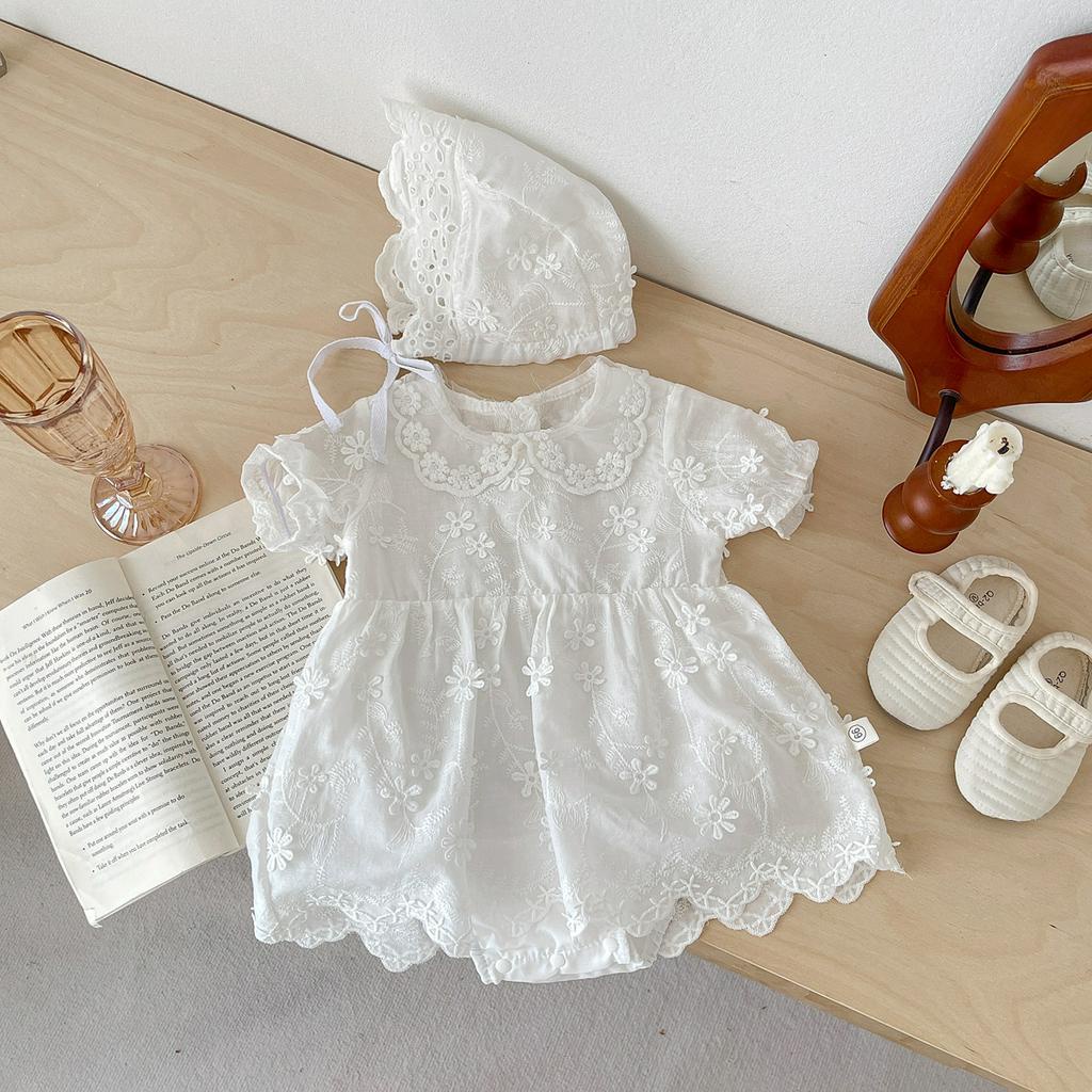 Đầm Công Chúa Ngắn Tay Thêu Hoa Cho Bé Gái