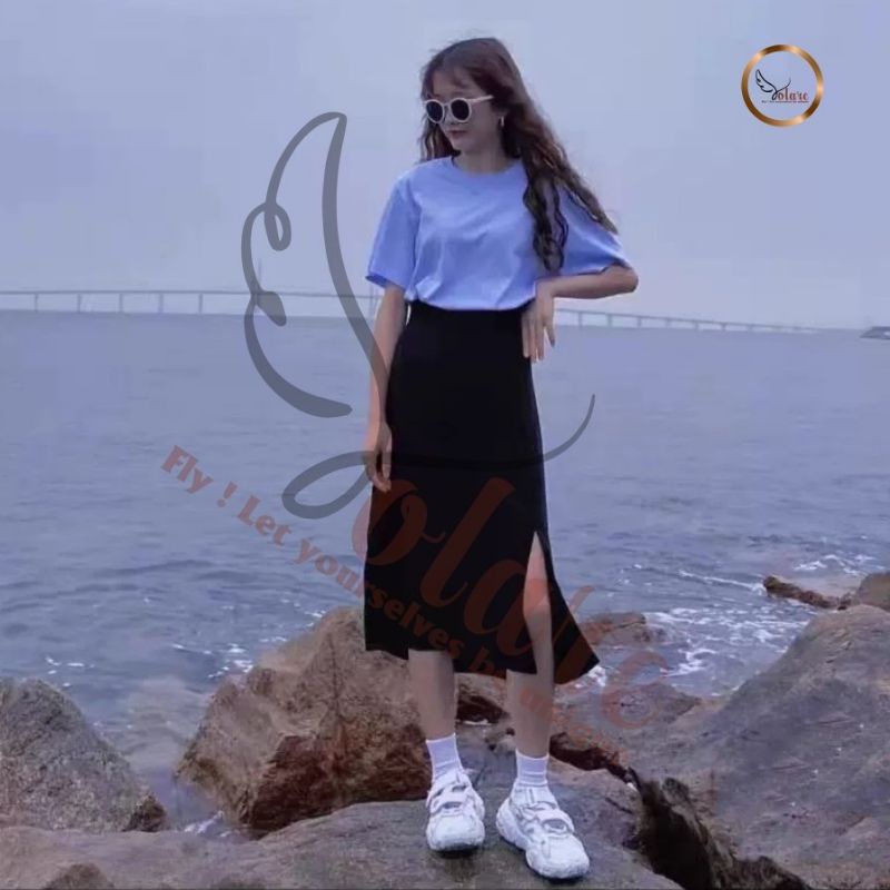 Chân Váy Dài Chữ A Xẻ Trước Bigsize Màu Đen Dài 70cm Lưng Thun Sau VXTR70