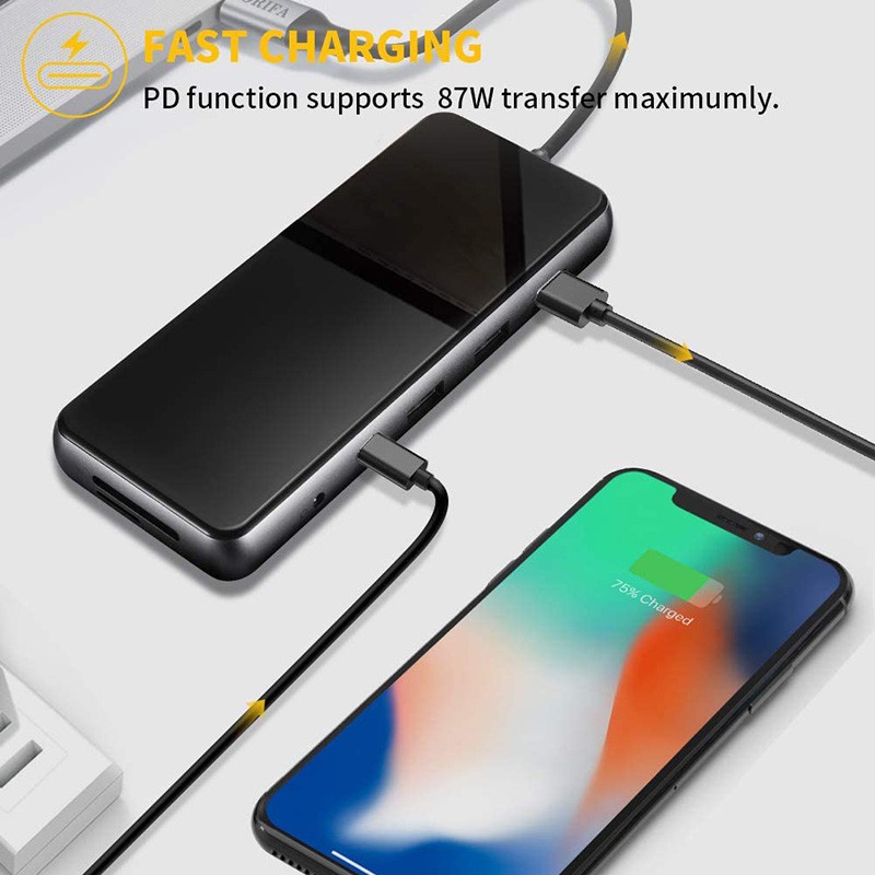 Đế Sạc Chuyển Đổi 12 Trong 1 Type C Sang HDMI 4K VGA RJ45 SD / TF Có Đầu Đọc Thẻ 3.5mm USB 3.0 Cho Màn Hình Gương Mở Rộng