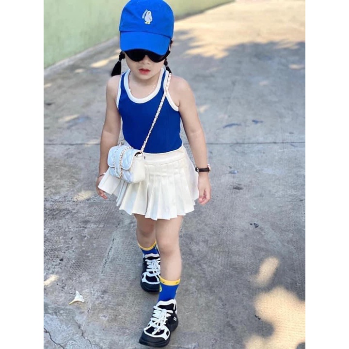 Sét váy xếp ly kèm áo ba lỗ cho bé gái, set áo tăm lạnh 3 lỗ kèm chân váy trắng xếp ly ( quần lót trong) cho bé