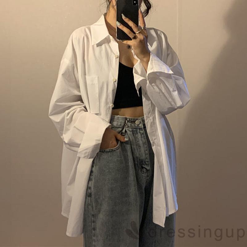 Áo Sơ Mi Tay Dài Màu Sắc Đơn Giản Thanh Lịch Cho Nữ