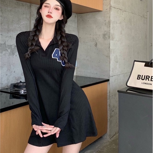 Váy Polo Nữ Thêu Số 45 Chất Thun Tăm Đầm Xoè Cổ Bẻ Sơ Mi Dáng Bassic Sexy Hàn Quốc | BigBuy360 - bigbuy360.vn