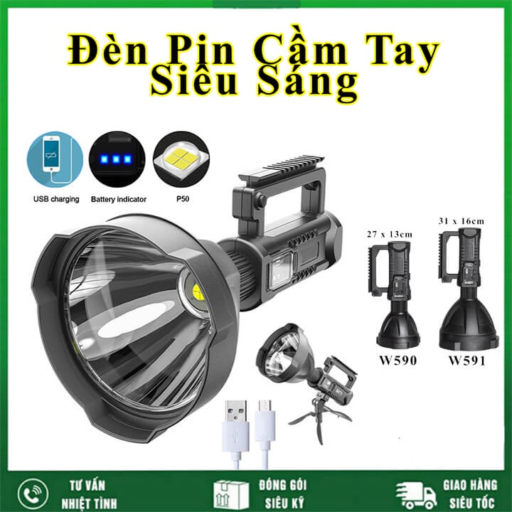 Đèn pin siêu sáng cầm tay chiếu xa 1000m có chân đế chống nước W591 và W590, đèn pin cắm trại dã ngoại pin khủng