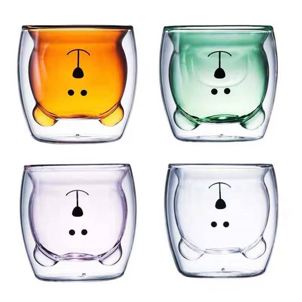 Cốc Nước Thủy Tinh Hai Lớp Hình Gấu Hoạt Hình Dễ Thương 300ML