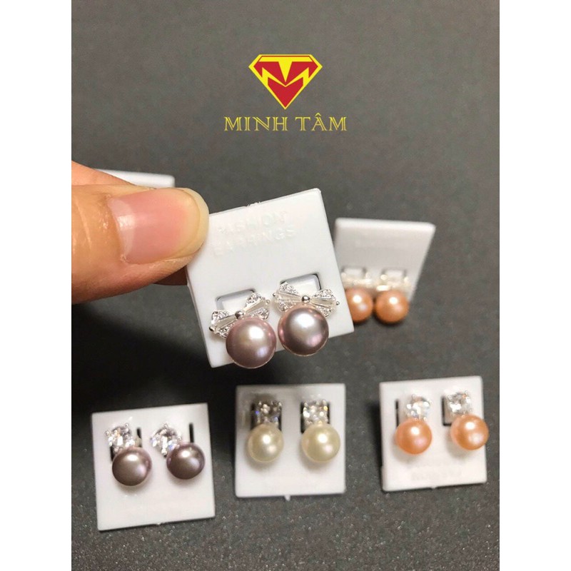 Bông tai bạc nơ Trai nuôi nước ngọt tự nhiên,Khuyên tai Trai nuôi tự nhiên nơ nạm đá-Minh Tâm Jewelry