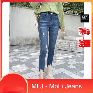 Quần jean 9 tấc BIG SIZE lưng cao trên rốn, co dãn mạnh, màu xanh đậm 3022 lai rách kiểu