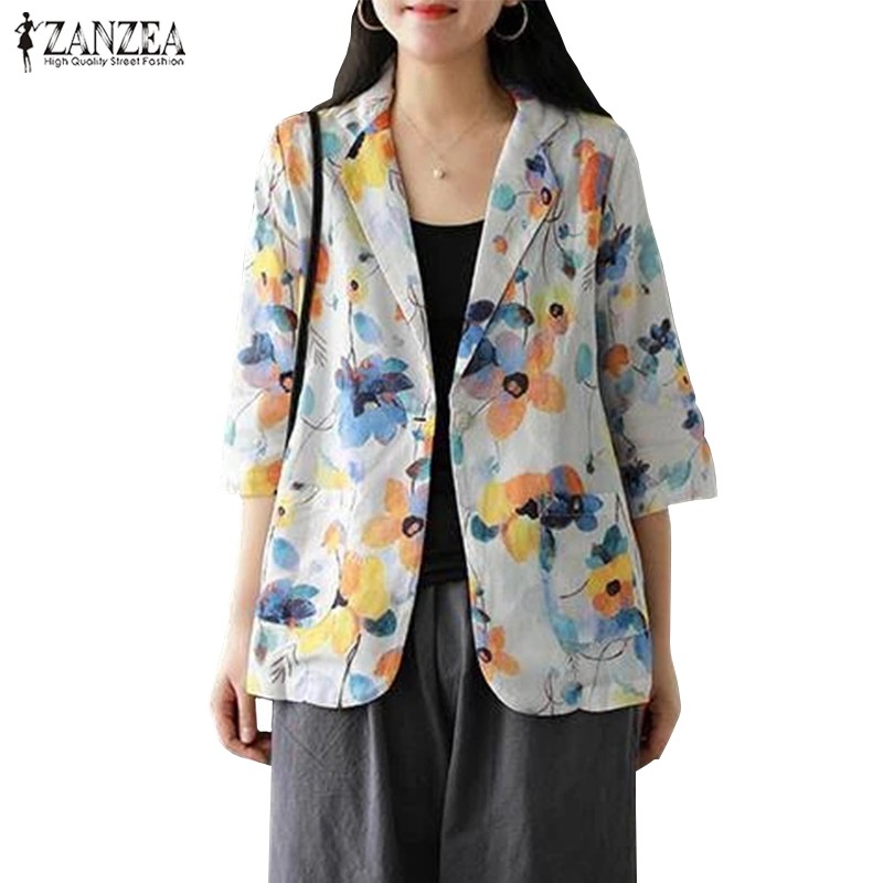 Áo Khoác ZANZEA Tay Lửng Họa Tiết Hoa Phong Cách Retro Cho Nữ