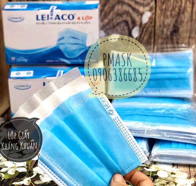 Khẩu trang 4 lớp Lehaco màu Xanh Kháng Khuẩn hộp 50 cái