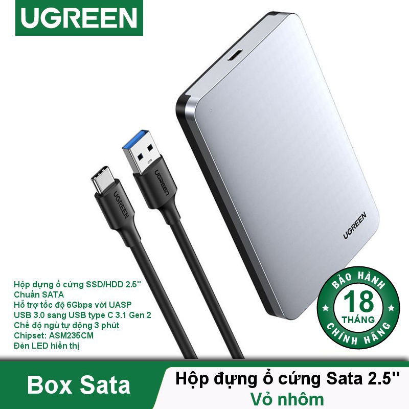 Hộp đựng ổ cứng 2.5 inch SSD, HDD hỗ trợ 6TB, chuẩn SATA UGREEN US221 vỏ nhựa ABS - Hàng chính hãng