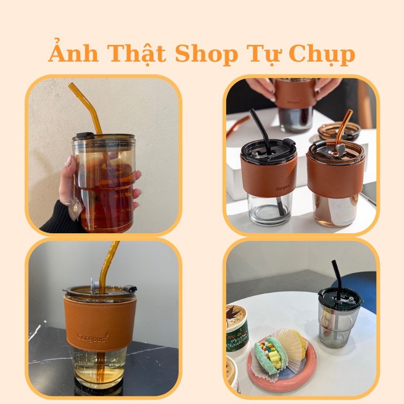 Cốc thuỷ tinh vỏ da có nắp và ống hút, ly uống nước đẹp dung tích 450ml CNGD