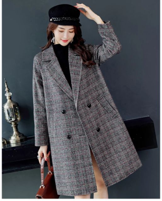 A82 Áo khoác dạ, dáng dài, kẻ caro,áo khoác mùa đông phong cách Hàn Quốc
