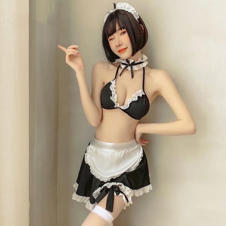 Đồ cosplay sexy nàng hầu gái 3 mảnh bikini đen đầy đủ phụ kiện 384 | BigBuy360 - bigbuy360.vn