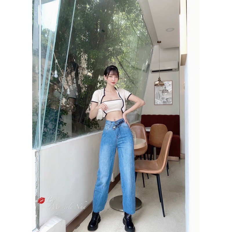 Quần jean ống suông lưng kiểu thêu chữ nổi