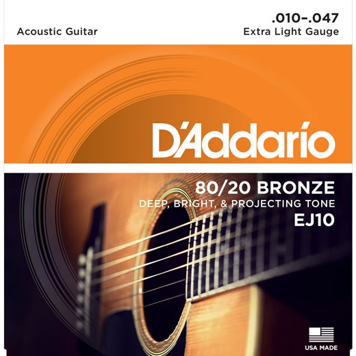 Dây đàn Guitar Acoustic D 'Addario Size 10 Type 80 / 20 Bronze 1 Model EJ10 (Extra Light 10-47)