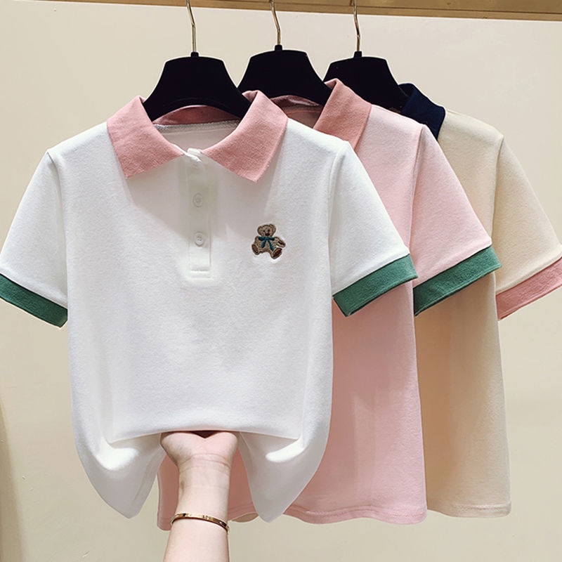 Áo Thun polo Ngắn Tay Thêu Hình Gấu Phong Cách Hàn Quốc Màu Sắc Thời Trang