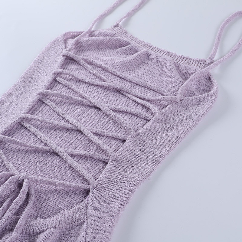 Đầm Sweater Dệt Kim Hai Dây Hở Lưng Cột Dây Thời Trang Đi Biển Quyến Rũ Cho Nữ