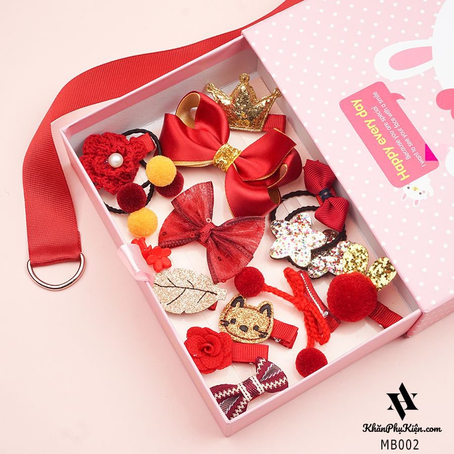 Hộp kẹp tóc quà tặng cho bé gái 18 phụ kiện siêu dễ thương iLita phong cách Hàn Quốc đủ màu (Hồng, Đỏ, Tím)