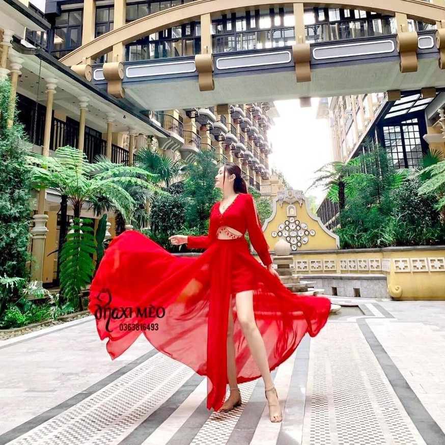 Đầm maxi đi biển váy maxi xẻ phối bông có ảnh thật