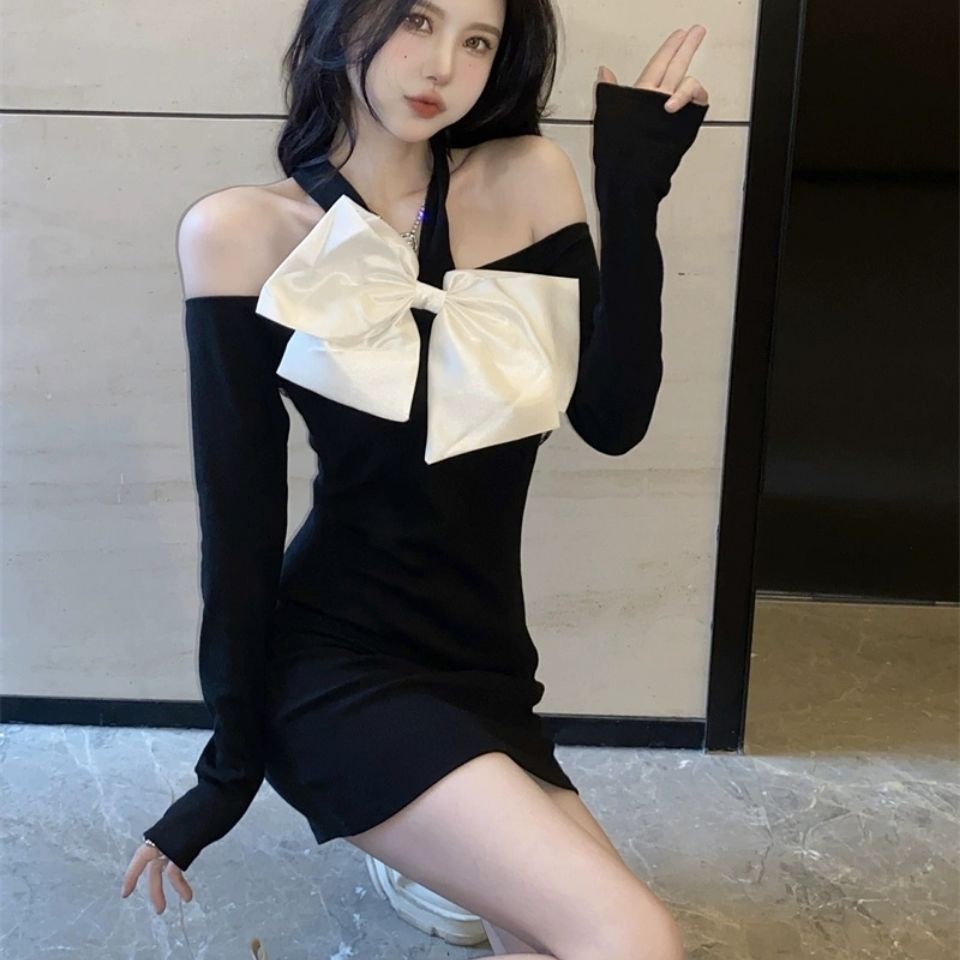 COZOK Đầm Tay Dài Trễ Vai Đính Nơ Kiểu Dáng Quyến Rũ