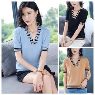 Áo Thun Tay Ngắn Cổ Chữ V Họa Tiết Kẻ Sọc Thời Trang Cho Nữ Trung Niên