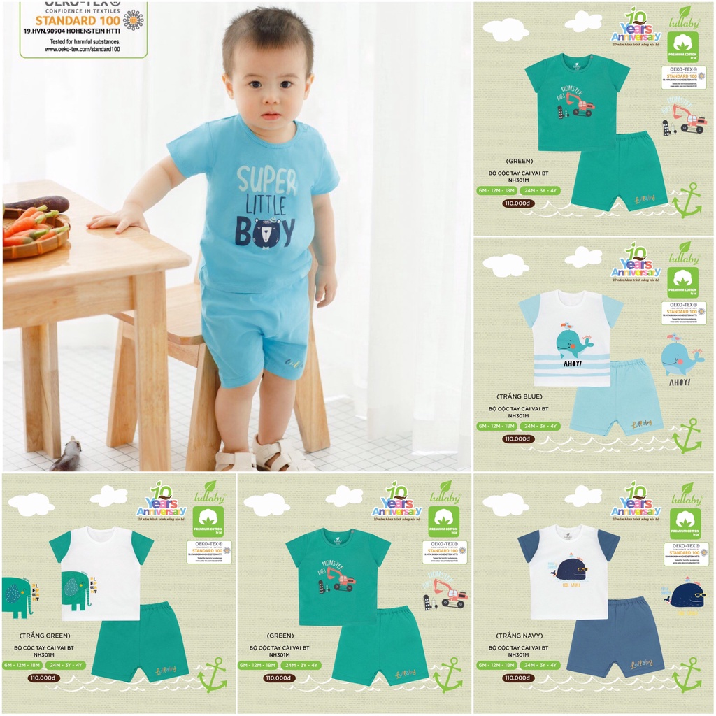 [CHÍNH HÃNG]Bộ cộc tay cài vai quần đùi họa tiết bé trai cotton cao cấp Lullaby chính hãng