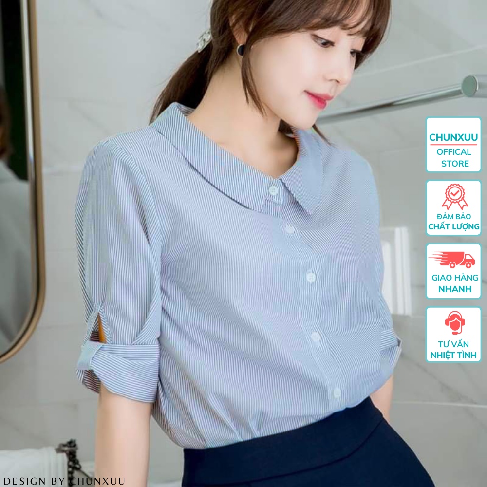 Áo sơ mi nữ công sở Chunxuu cổ sen tay lỡ sọc kẻ thời trang chất vải Kate cao cấp - BS11