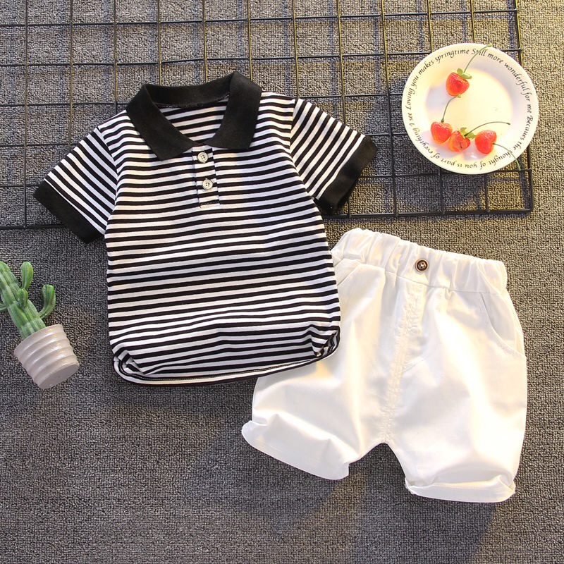 Set Áo Sơ Mi Tay Ngắn Kẻ Sọc + Quần Short Cotton Màu Trơn Thời Trang Mùa Hè Cho Bé Size 80-120cm