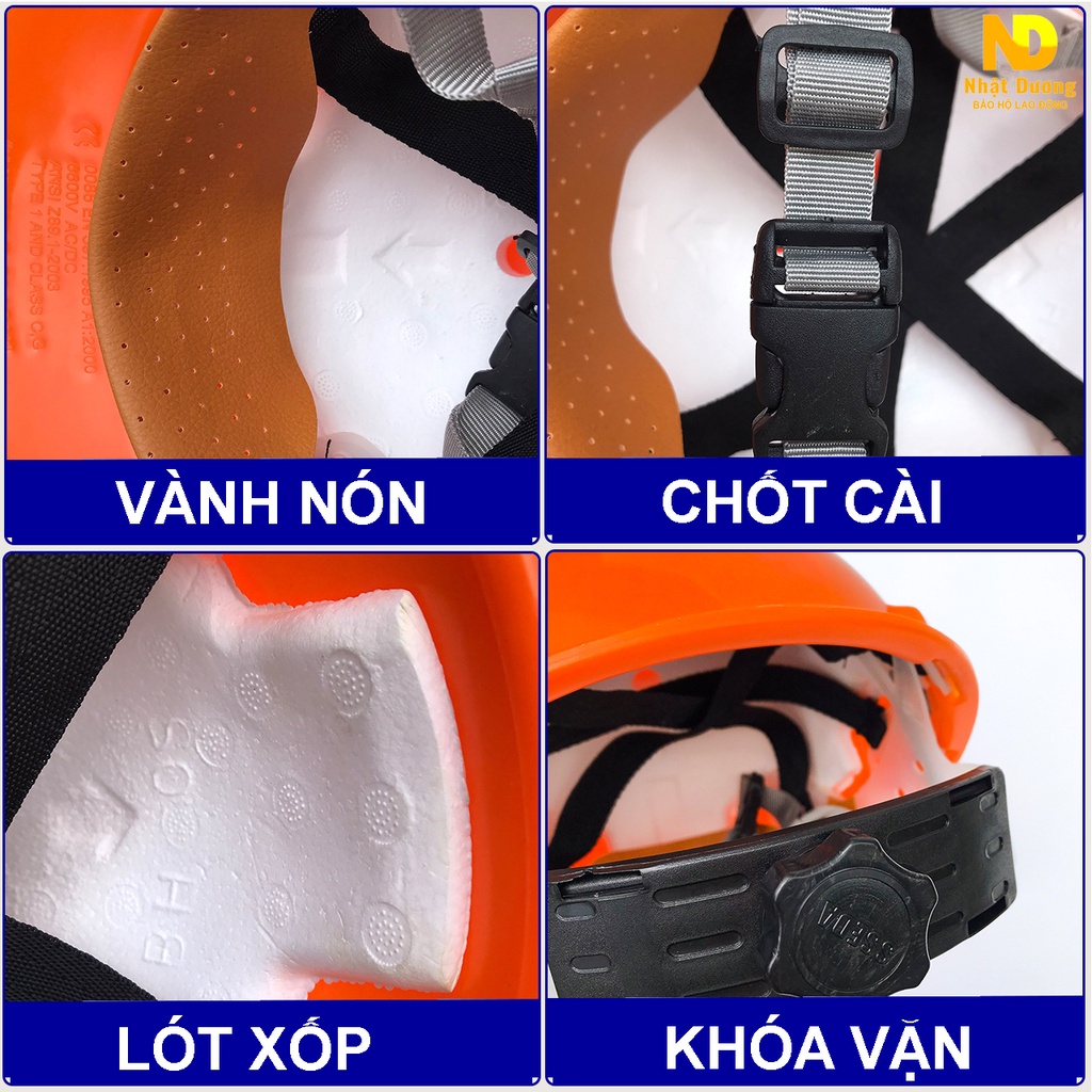 Mũ bảo hộ lao động khóa vặn có lót xốp cách nhiệt màu cam N03, Nón bảo hộ lao động Nhật Dương