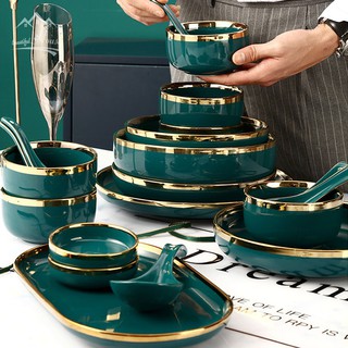 [combo hot] bộ bát đĩa 26 món sứ cao cấp vân đá viền vàng - Xanh ngọc sang chảnh | Bộ Bát Đĩa Bắc Âu