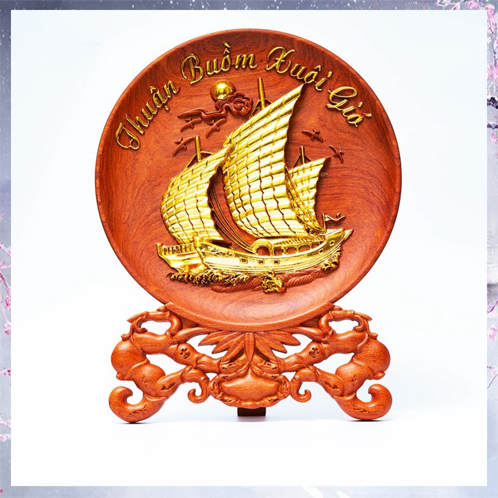 Tranh Đĩa Thuận Buồm Xuôi Gió Dát Vàng. Gỗ hương đá. Tiện liền khối. | BigBuy360 - bigbuy360.vn