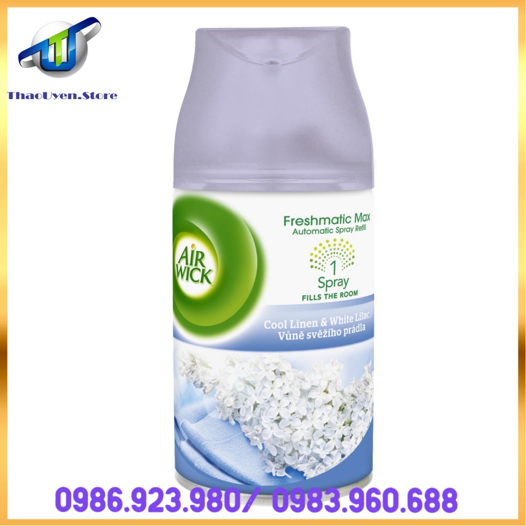 Bình xịt tinh dầu thiên nhiên Air Wick Cool Linen & White Lilac 250ml QT016834 - hoa tử đinh hương phù hợp mọi lứa tuổi.