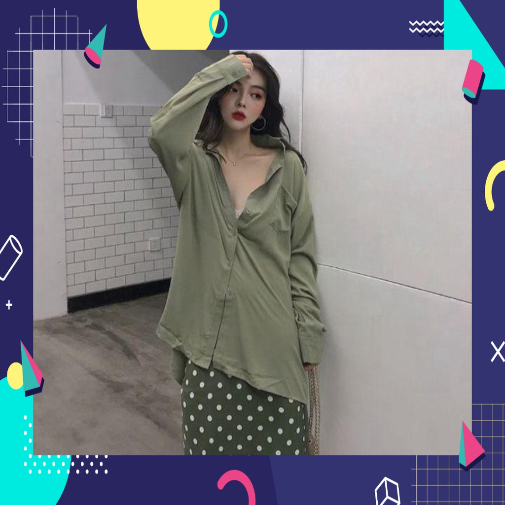 1131A24B1 Áo sơ mi tay dài xanh rêu, chất voan mỏng đẹp [Siêu hot]
