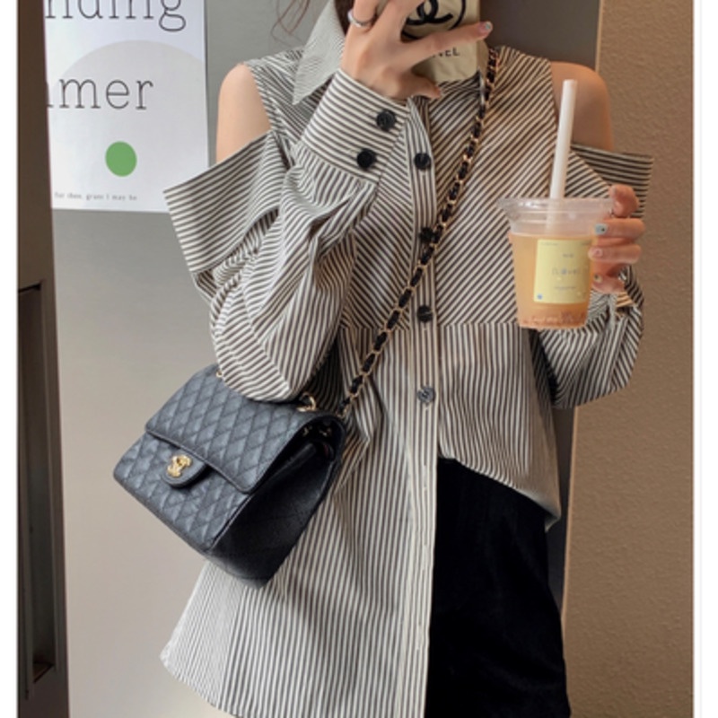 Áo sơ mi RENJIANVSHENG 198524 khoét vai tay dài dáng rộng kẻ sọc phong cách Hàn Quốc thời trang mùa hè