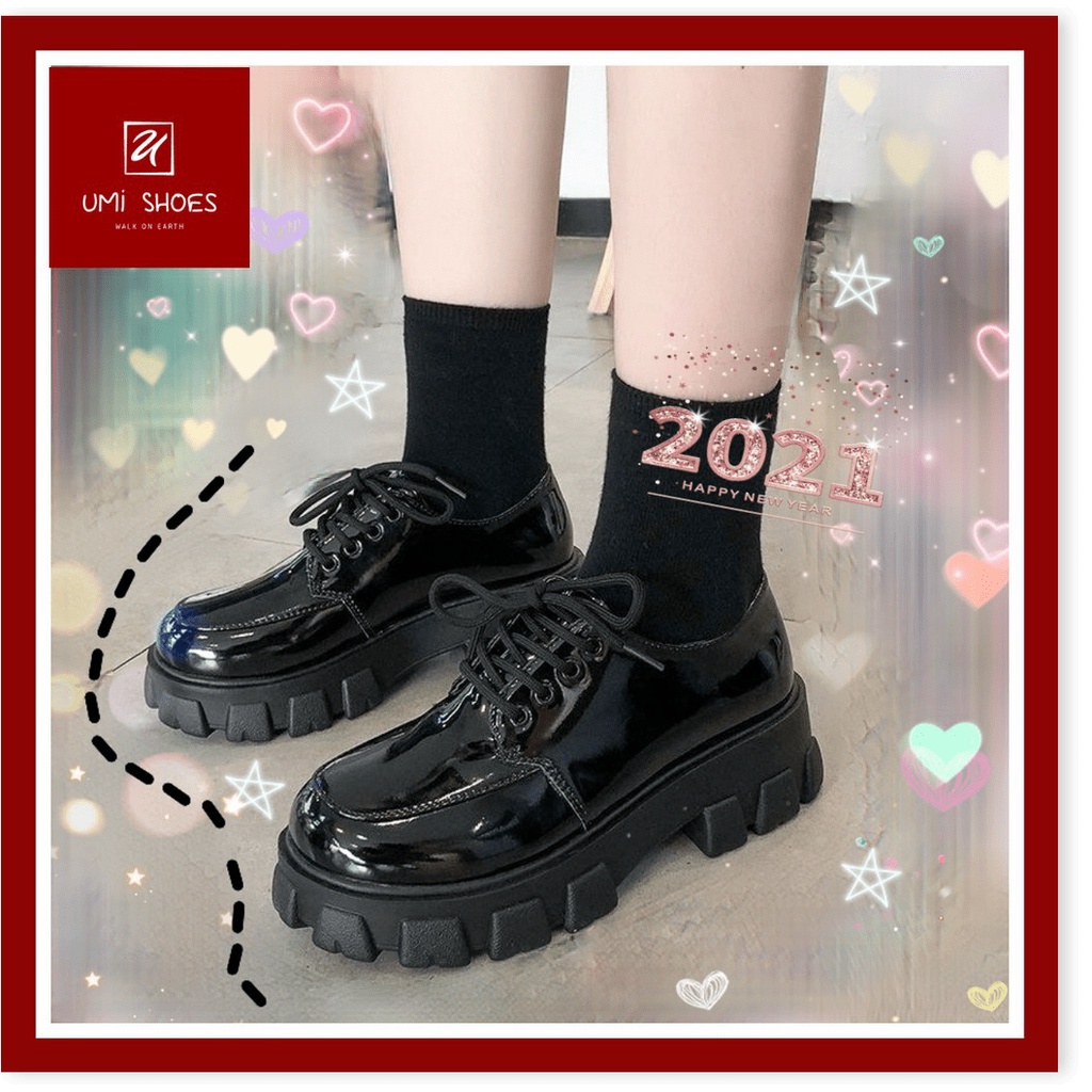 ★ ᗩᗰᗩᘔ𝗜ᑎ𝗚 𝗦𝗛𝗢𝗘𝗦 ★ Giày bốt ulzzang gót vuông đế bự to dày mũi vuông phong cách Nhật Bản bóng/trơn màu đen tăng c