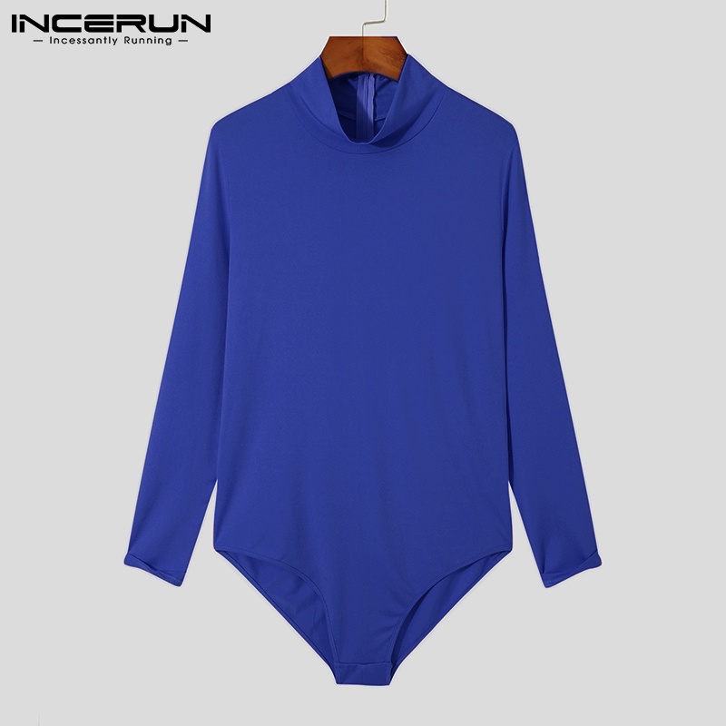 Áo liền quần INCERUN tay dài cổ lọ màu trơn có dây kéo phía sau co giãn thoải mái thời trang cho nam