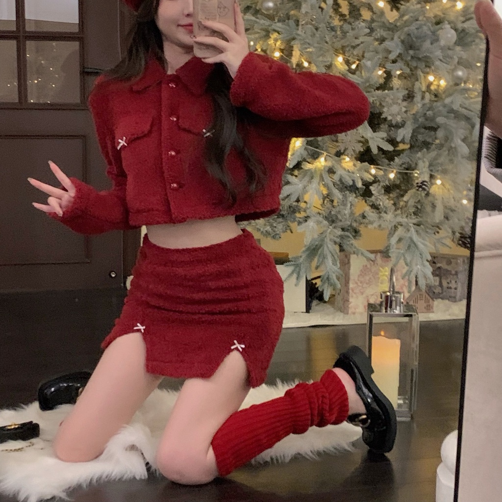 Set áo khoác croptop len lông đỏ tay dài sơ mi noel tết thu đông dày ấm cổ  hở eo + váy ôm ngắn lưng cao kèm vớ ulzzang