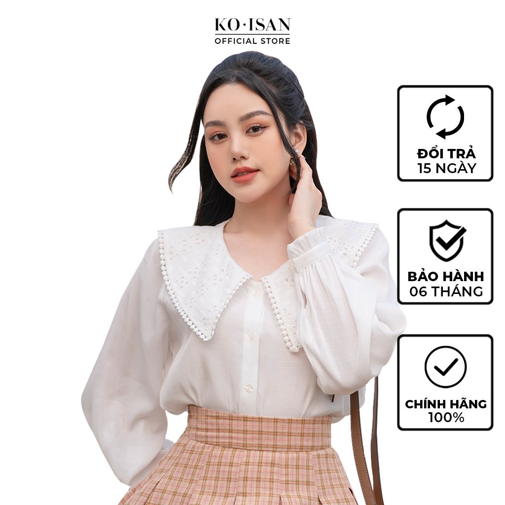 Sơ mi trắng nữ KOISAN tay phồng kiểu hàn quốc dài tay dáng suông cổ ren bản to nữ tính 21051606