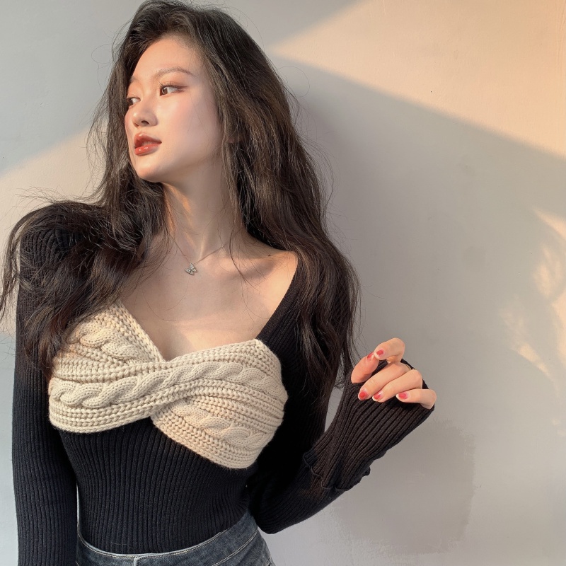 Áo len tay dài cổ vuông màu đen phong cách Hàn Quốc thời trang xinh xắn cho nữ