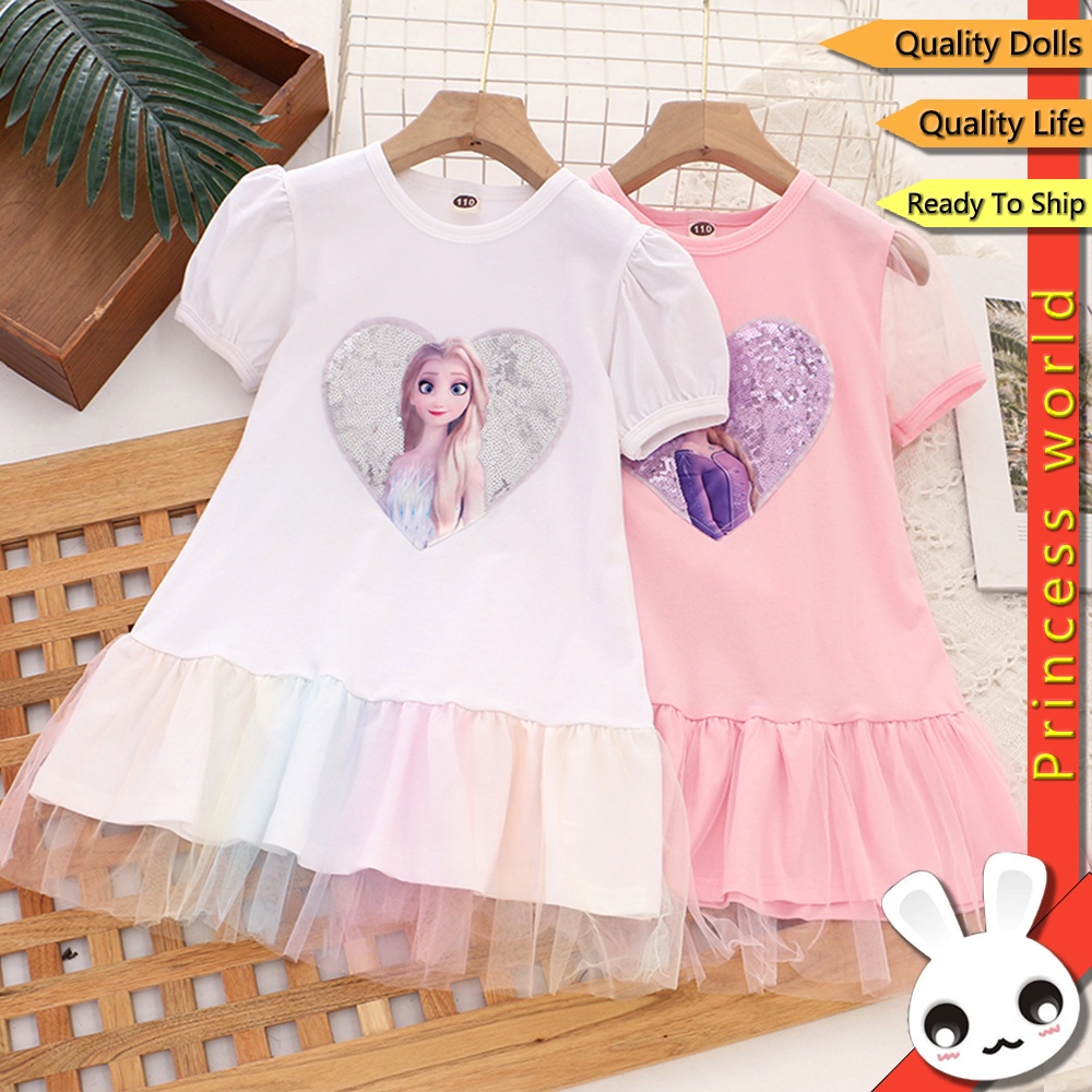 Áo Thun Cotton Tay Phồng Phối Chân Váy Lưới Đính Kim Sa Phong Cách Công Chúa Elsa Dễ Thương Cho Bé Gái