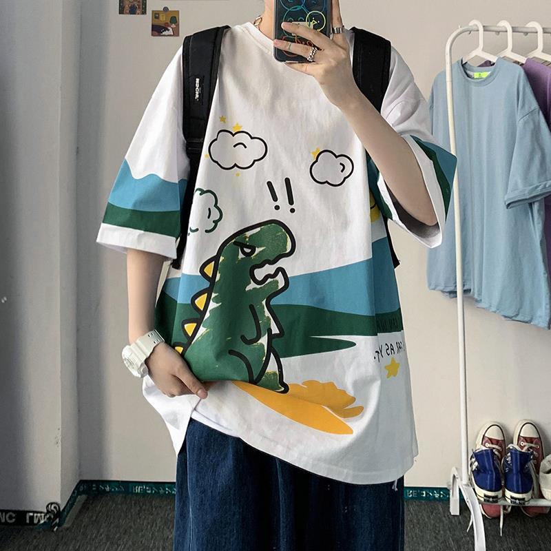 【Dinosaur】 Loose Men Trendy Short Sleeves Cartoon Five Sleeves Couple T-Shirt Shirt D.0077