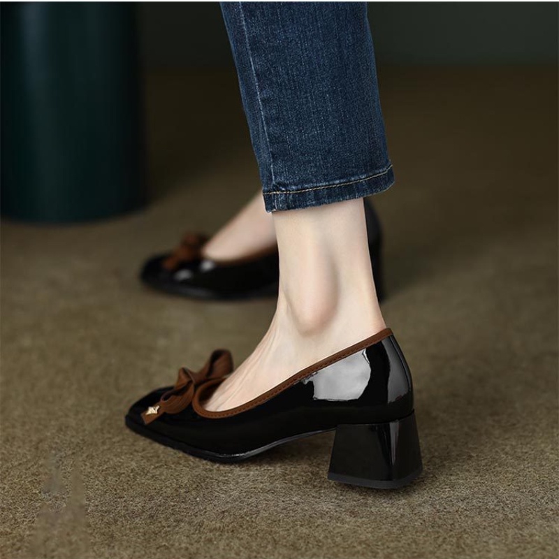 Giày Cao Gót Da Mềm Mũi Vuông Phong Cách Retro Pháp