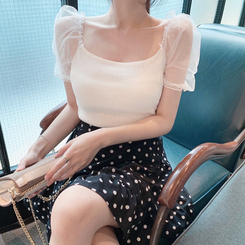 Áo Thun Nữ Tay Ngắn Phối Lưới Màu Trơn