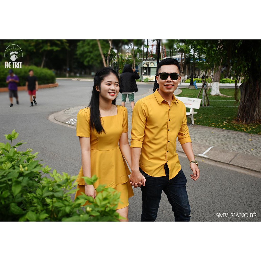 Set Áo Sơ Mi Váy Đôi FIGTREE Màu Vàng Tươi Sáng