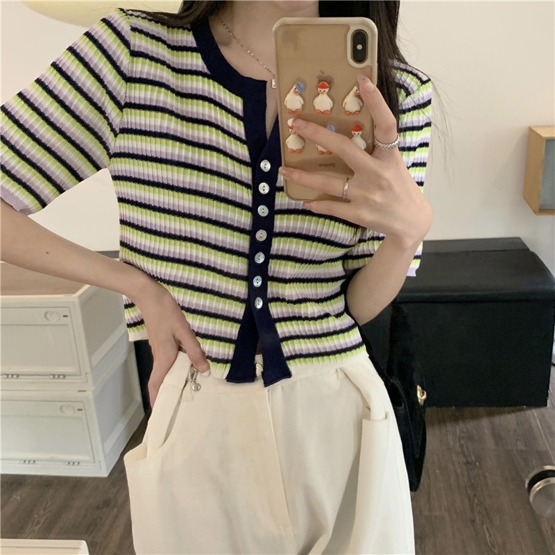 Áo cardigan ZHELIHANGFEI dệt kim tay ngắn kẻ sọc thiết kế trẻ trung cá tính cho nữ