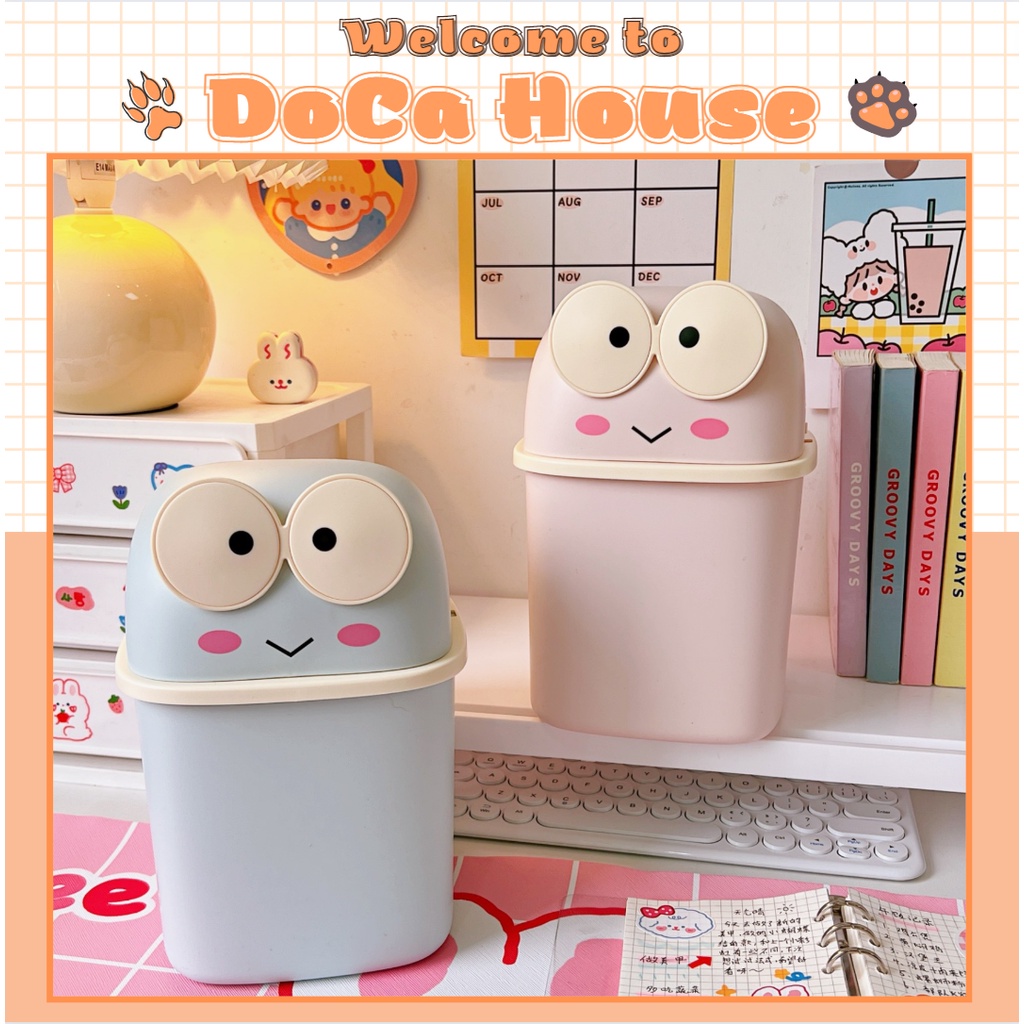 Thùng rác mini DOCA nắp lật, thùng rác mini để bàn hình ếch xinh, sọt rác mini để bàn dễ thương văn phòng phẩm