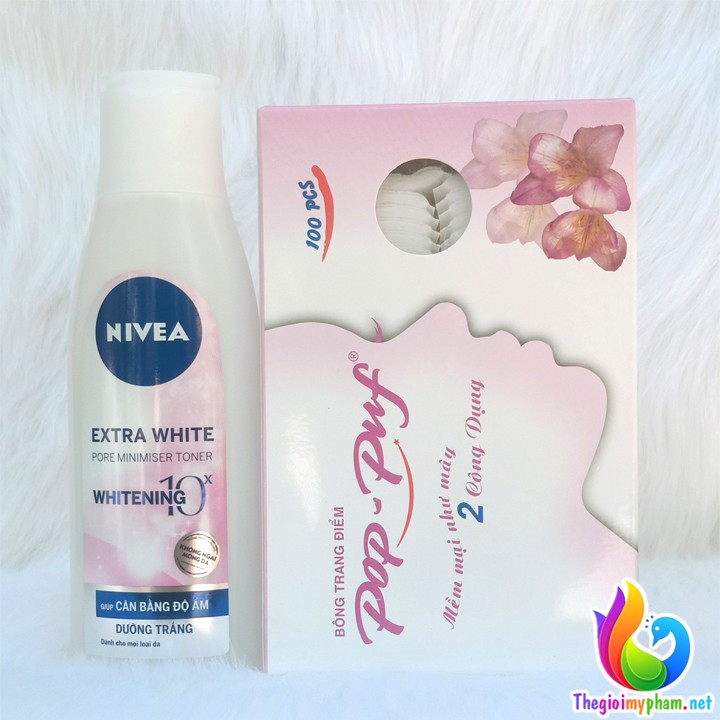 Combo Nước Hoa Hồng Nivea Dưỡng Trắng Da Và Se Khít Lỗ Chân Lông + Hộp Bông Tẩy Trang Pop - Puf 100 Miếng